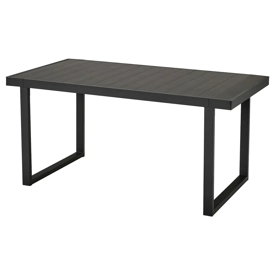 VÄRMANSÖ outdoor table, dark grey, rectangular, metal, sturdy legs, wooden effect top.