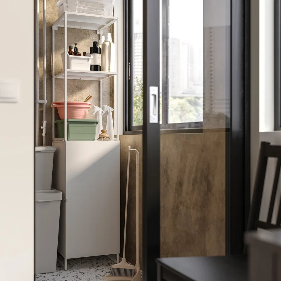 Closed storage shelves with door, perfect for organising and hiding clutter.