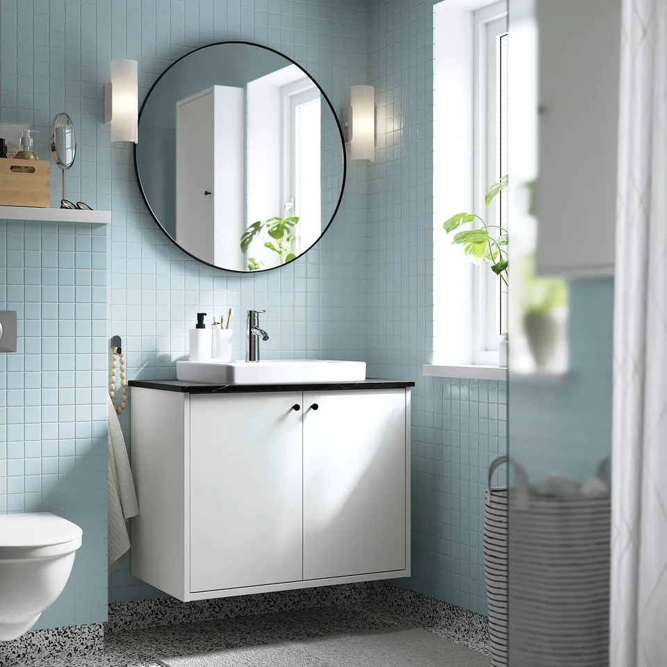 HAVBÄCK / ORRSJÖN Wash-stnd w doors/wash-basin, white/black marble effect, 82x49x71 cm
