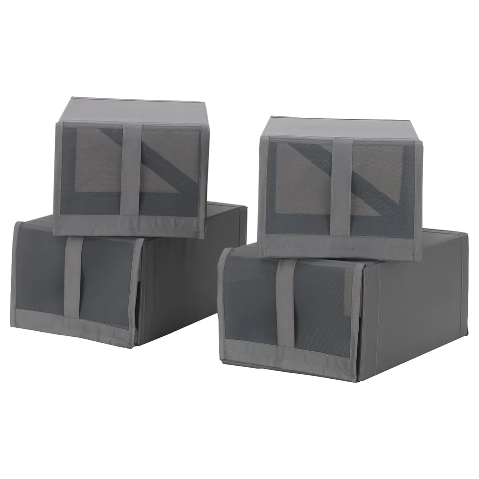 Four stacked grey mesh storage boxes with handles and hook-and-loop closures.