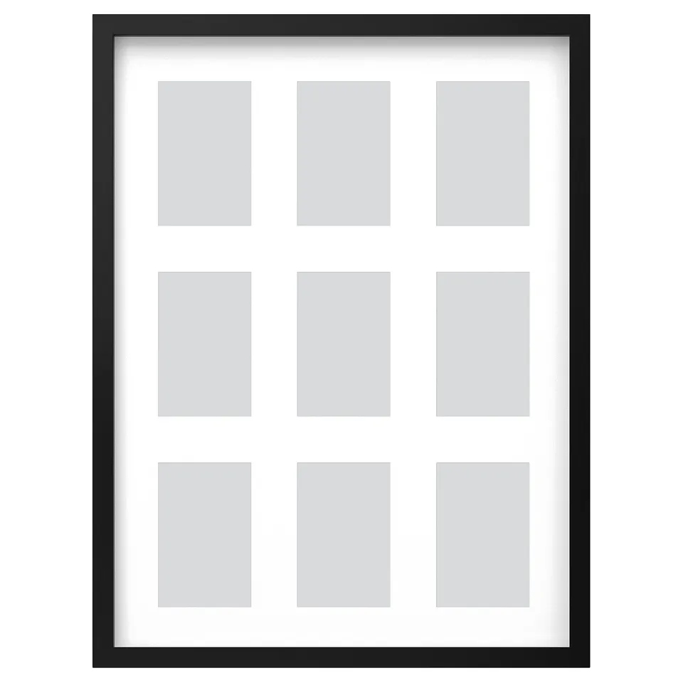 Black RÖDALM picture frame with 9 grey photo slots.
