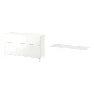 BESTÅ set: storage combination w doors/drawers + top panel, white/Selsviken high-gloss/white + glass white/light green, Width 120 x Depth 42 x Height 74 cm