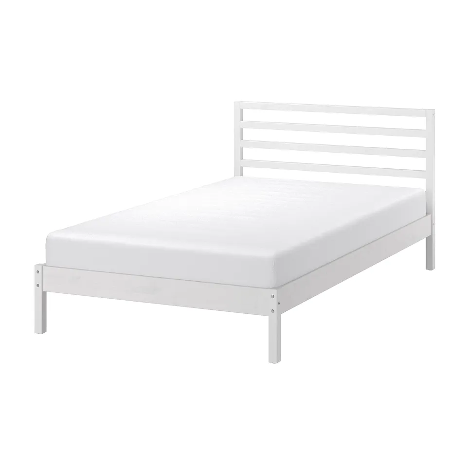 TARVA white bed, minimalist design, pine wood frame, slatted base, clean lines.