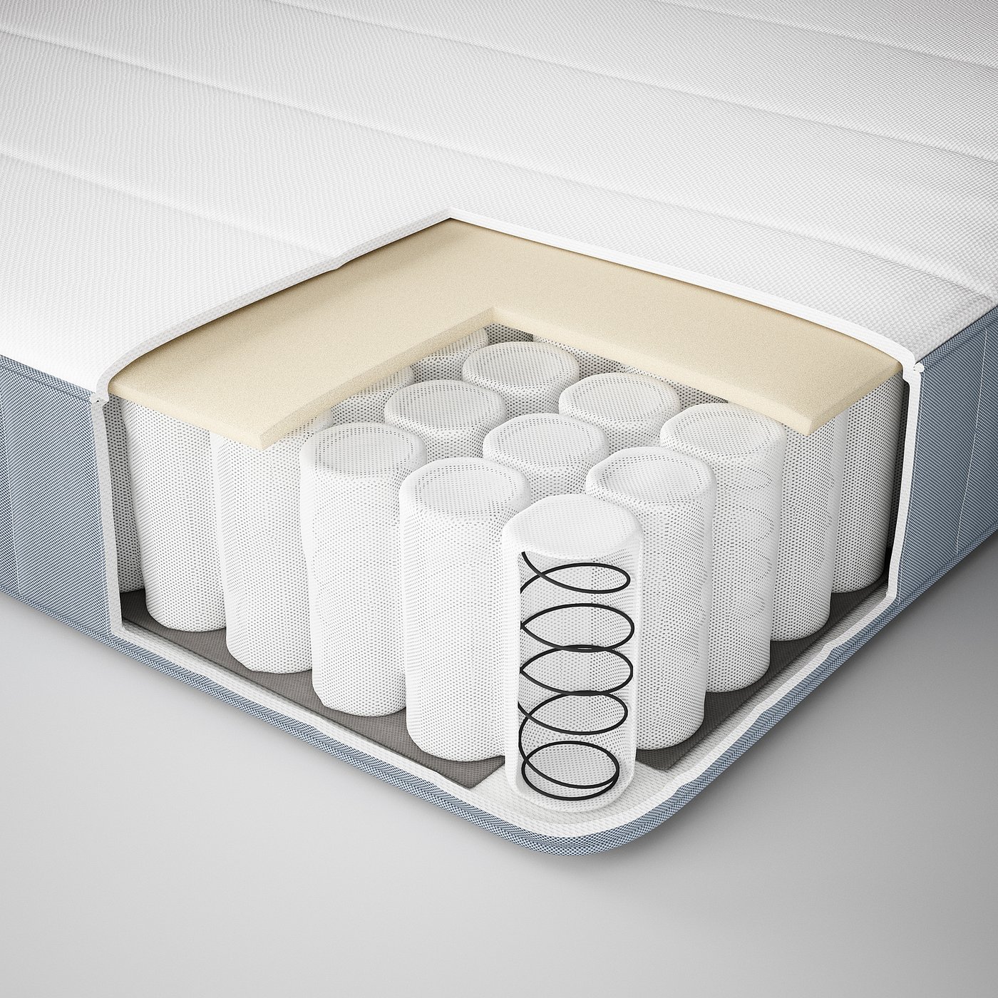 Image shows a mattresses cross-section. Top layer is polyester. Middle has coiled springs. Bottom layer has foam and polypropylene.