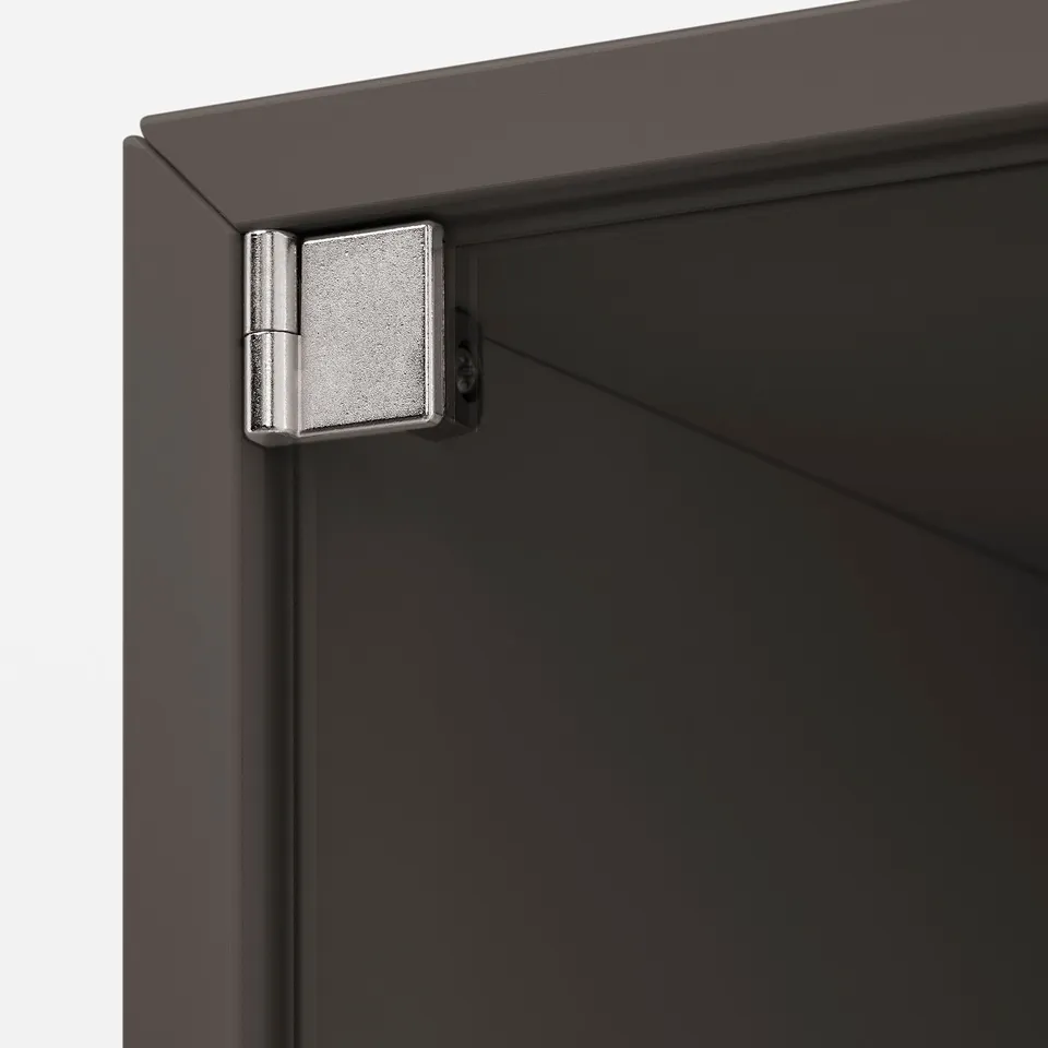 Stainless hinge on dark cabinet.
