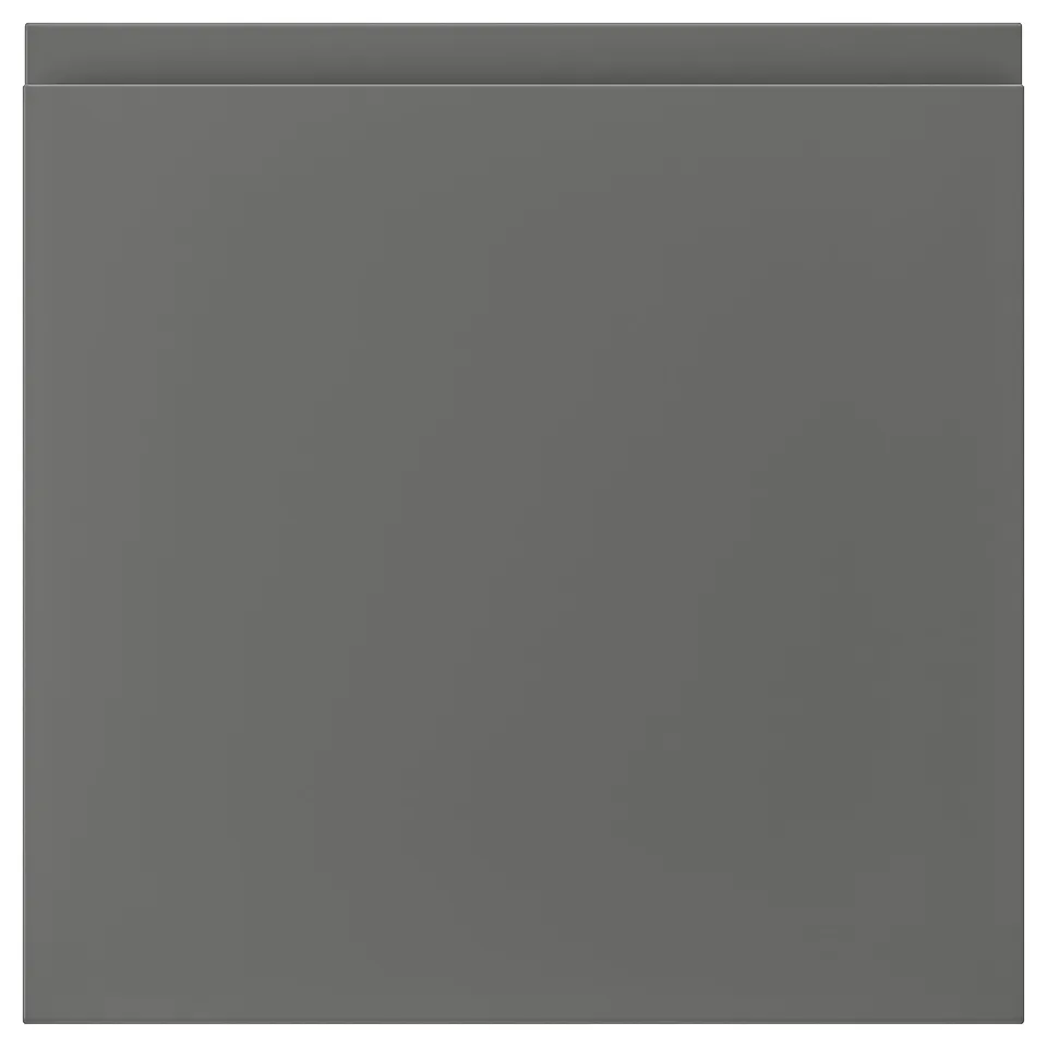 Displays a grey VOXTORP drawer front with a smooth finish and clean lines. Its square-shaped with a sleek, minimalist design.