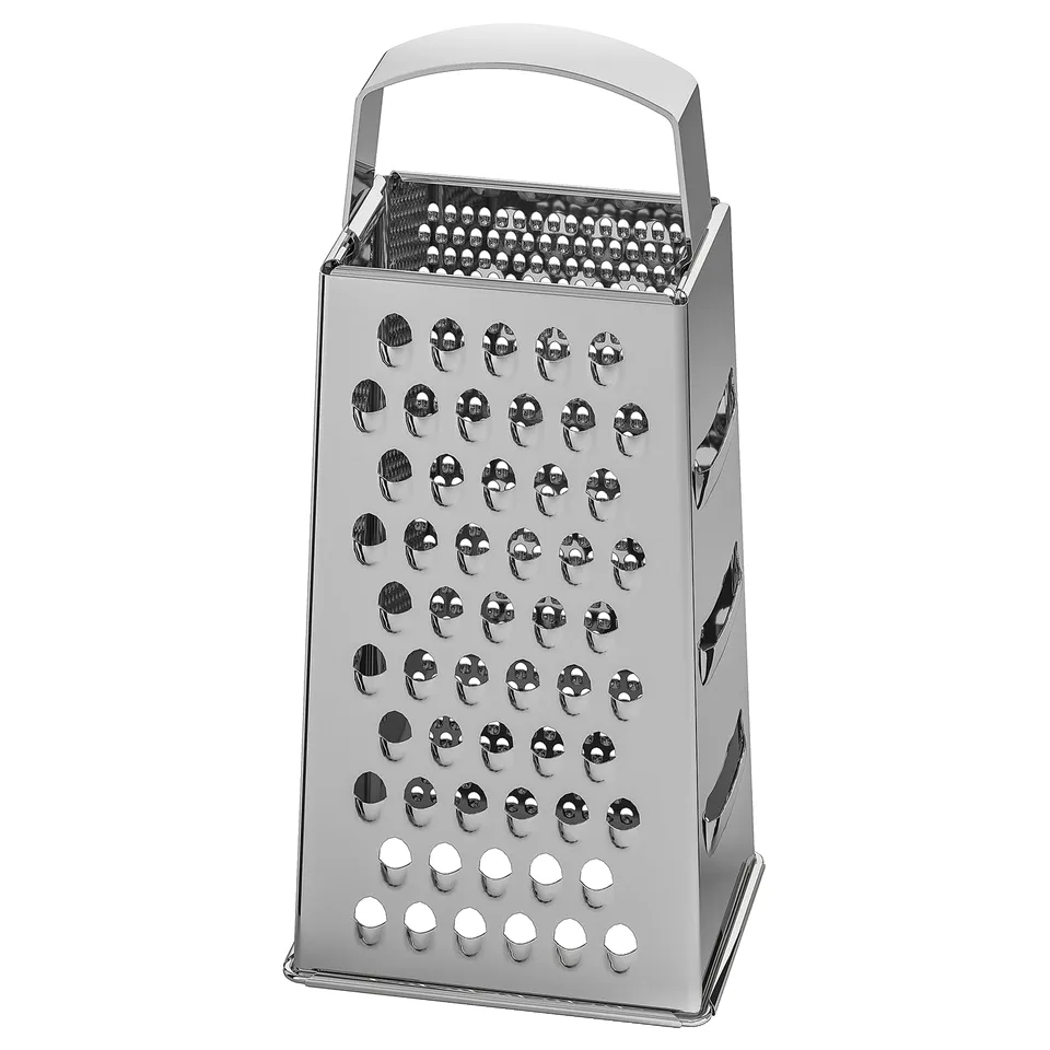 Stainless steel grater with multiple holes, rectangular shape, and handle top. Ideal for kitchen.