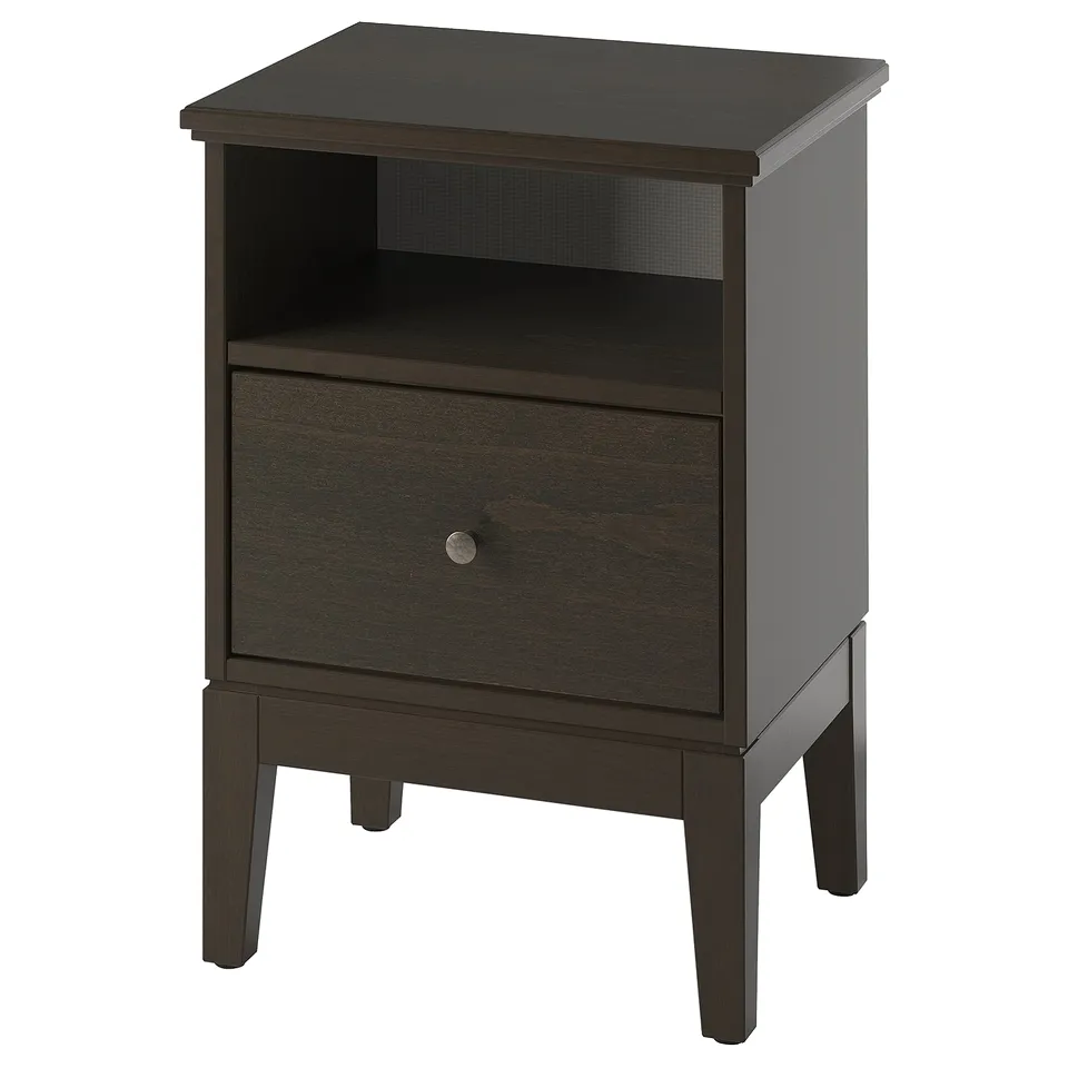 Dark brown IDANÄS bedside table with shelf and drawer, sleek modern design.