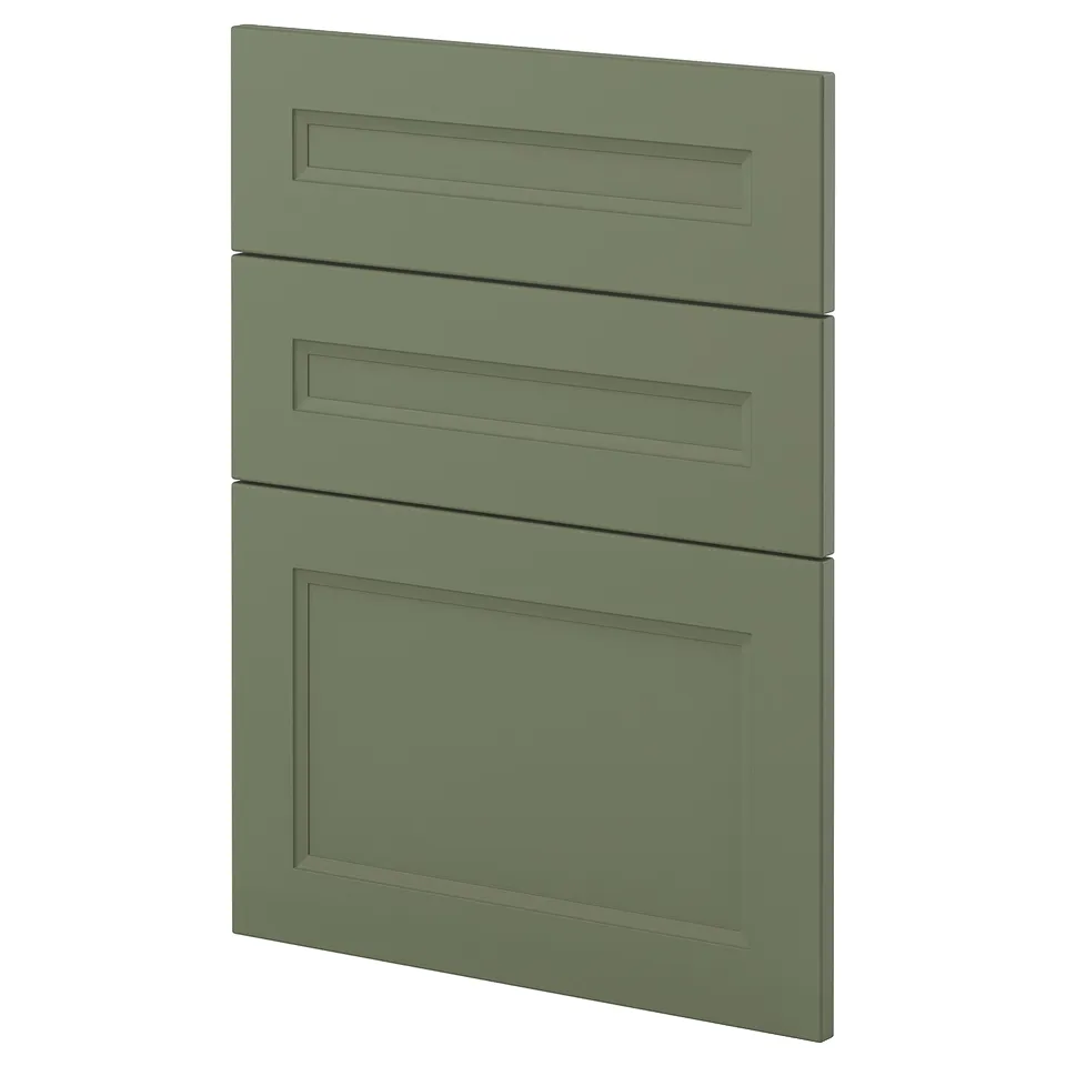 Three green kitchen cabinet drawers, sleek and modern design, recycled plastic front.