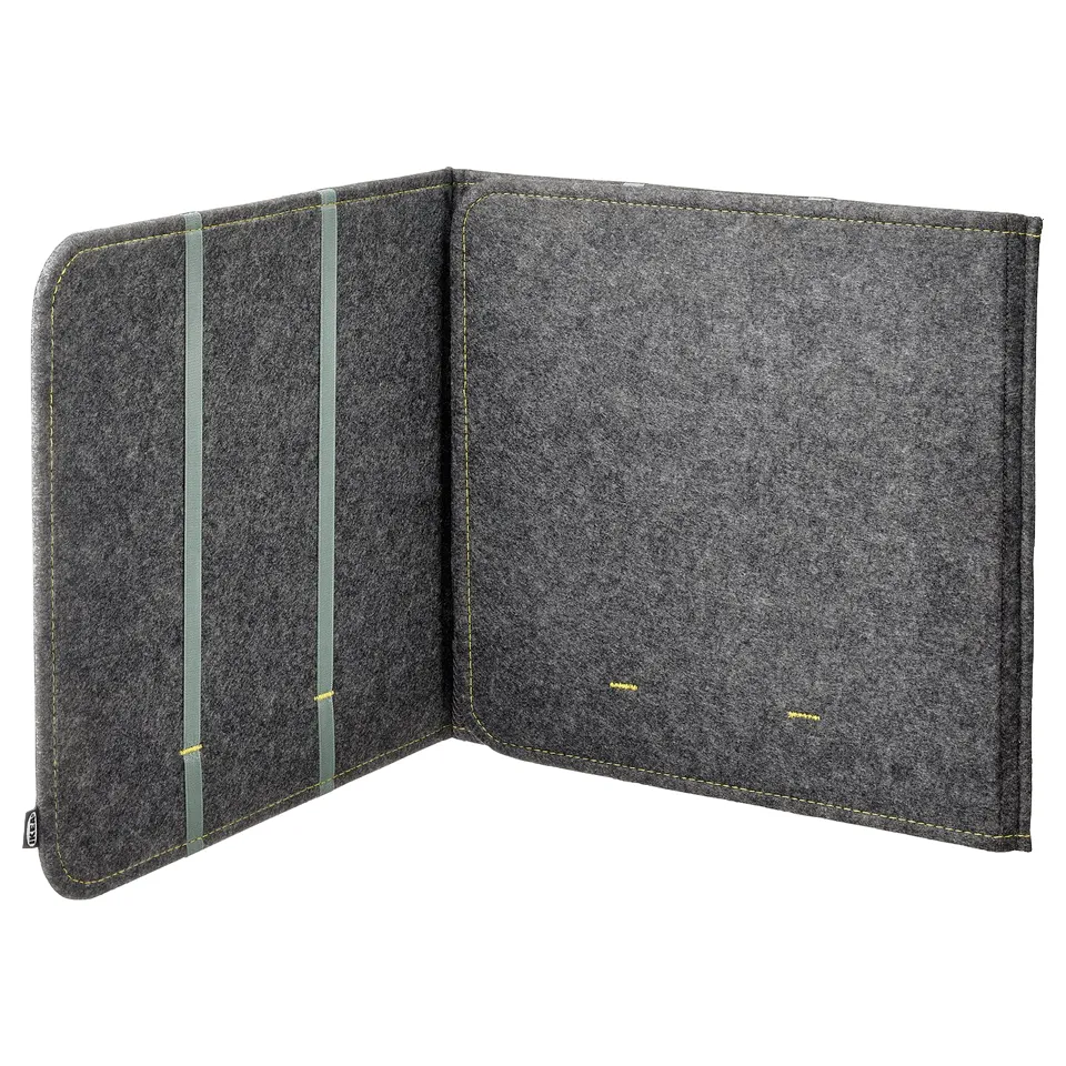 Black portable desk divider, grey felt, 3-fold, with elastic bands, simple design.