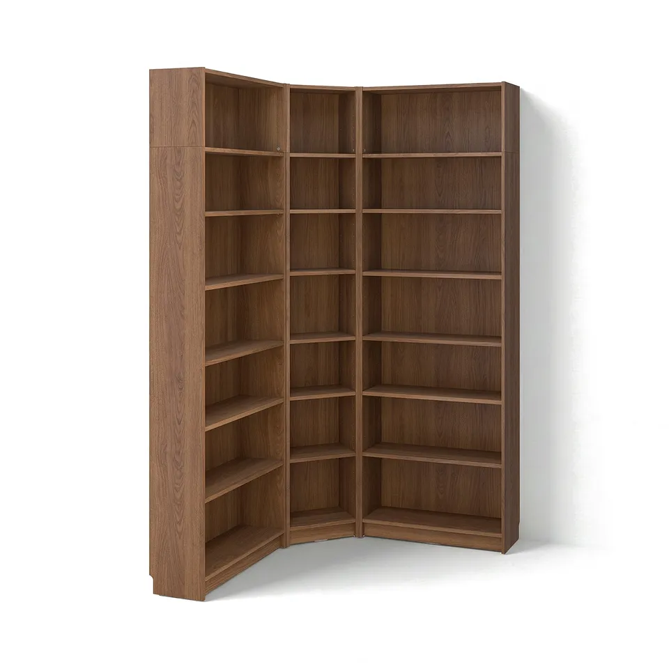 BILLY bookcase: tall, wooden, corner unit with multiple shelves for storage, simple and timeless design.