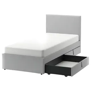 GLADSTAD upholstered bed, 2 storage boxes, Kabusa light grey, 90x200 cm
