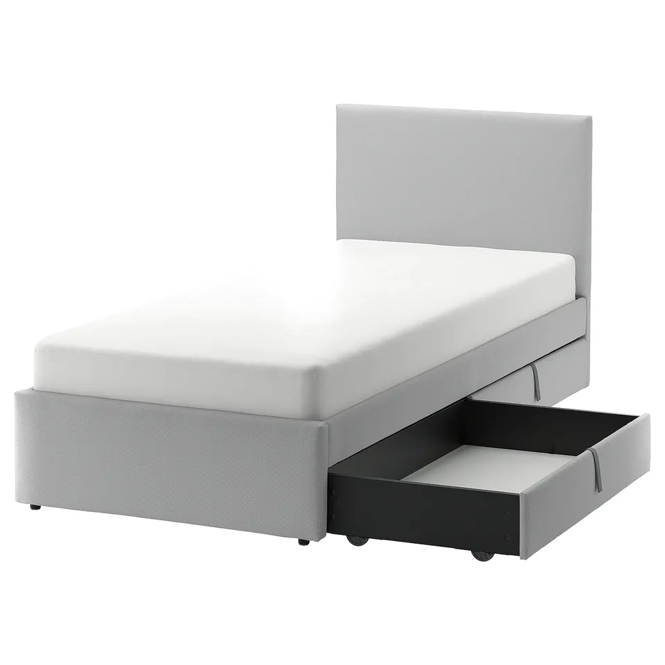 Modern grey upholstered twin bed with textured headboard, built-in storage, and wheels.