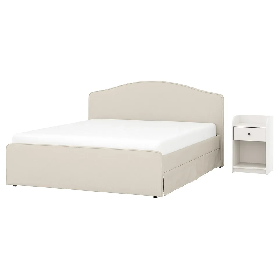 Ramnefjall bed set: beige, upholstered bed & white bedside table. Classic, cosy style.