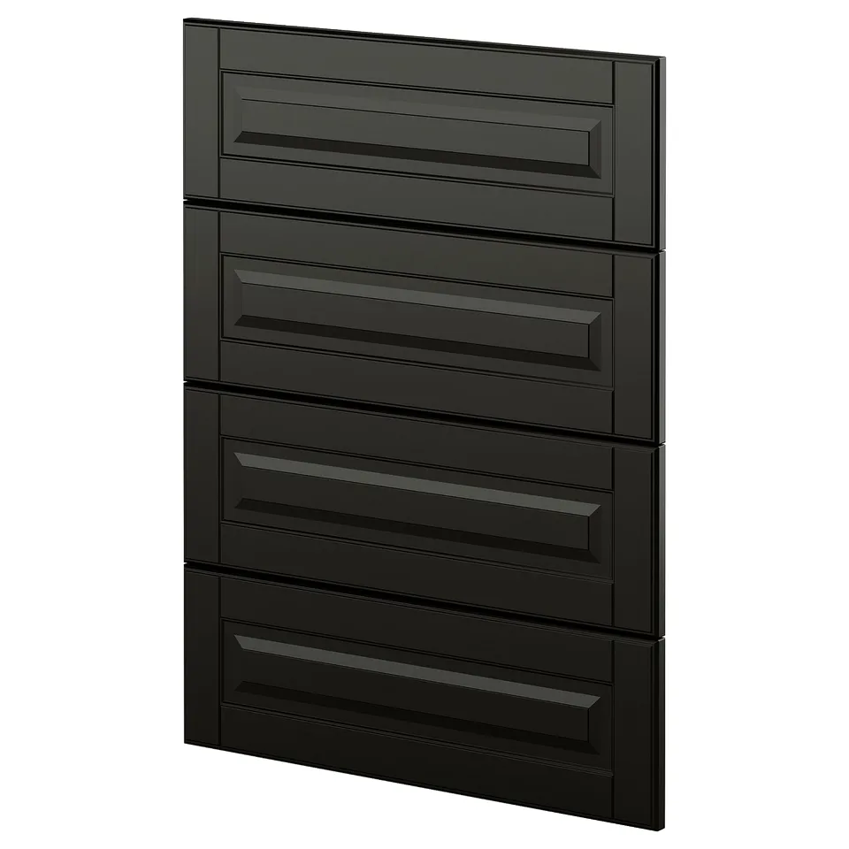Black modern kitchen cabinets with bevelled edges and vertical lines.