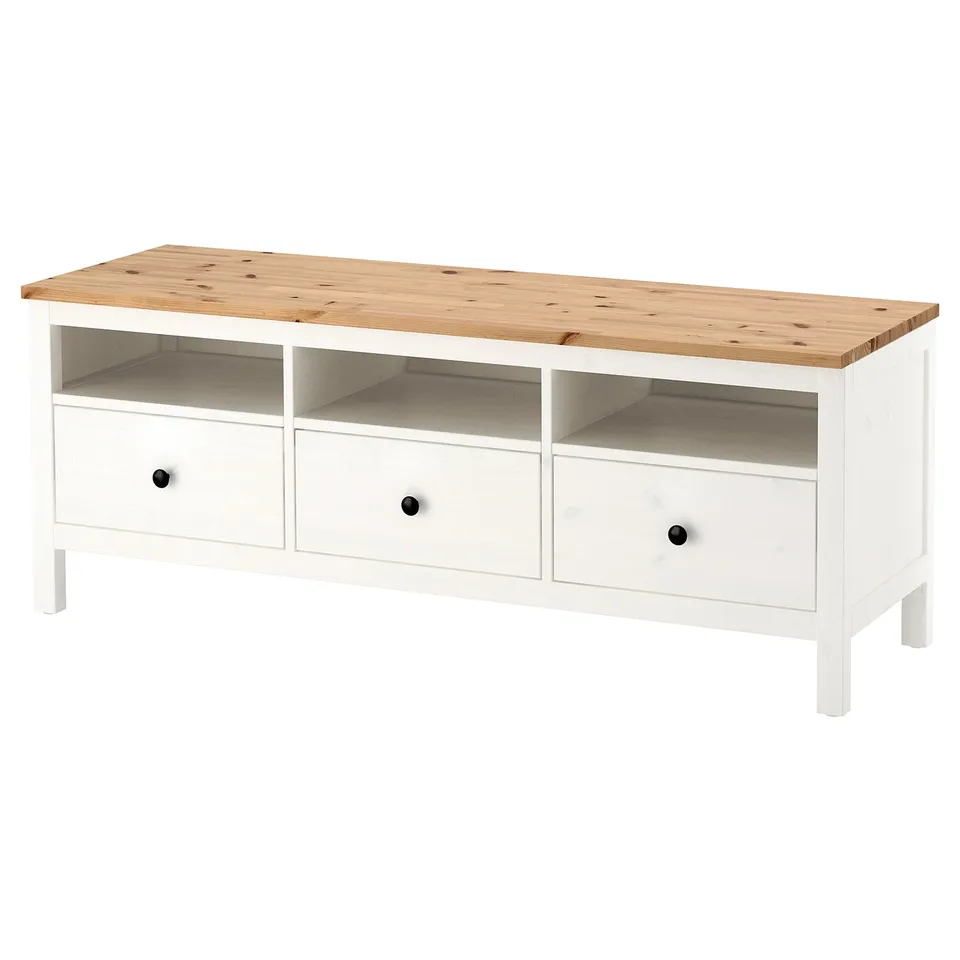 HEMNES white pine wood tv stand. Three drawers, two open shelves. Natural, rustic design.