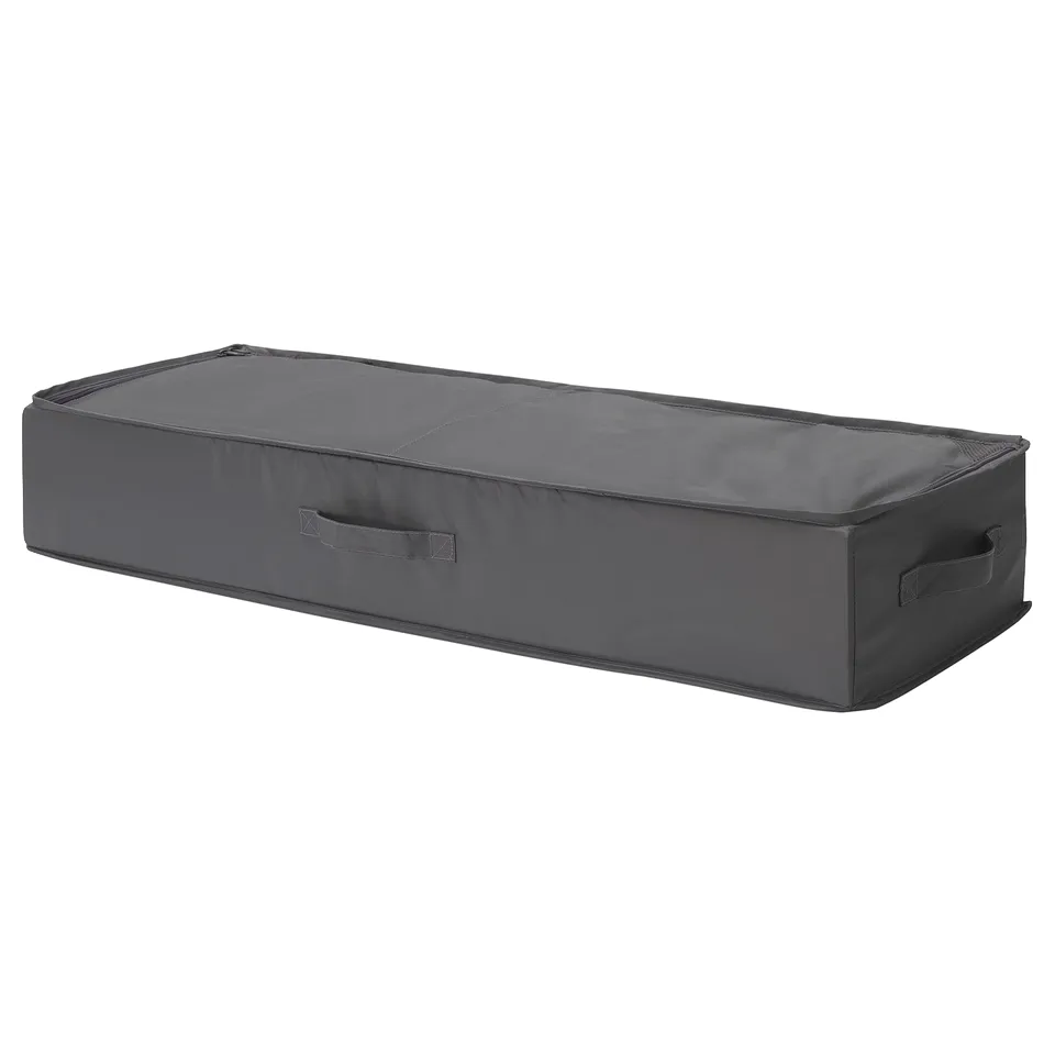 A grey SKUBB storage box with handles. Made of recycled polyester, its rectangular and designed for under-bed or wardrobe use.