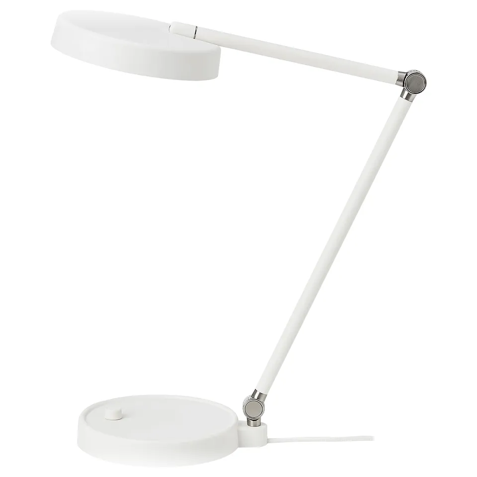 ORSALA: white table lamp with adjustable, flexible arm, round shade for reading, high cri lighting, usb charging port.
