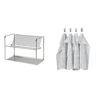 ORDNING/RINNIG set: dish drainer + tea towel, stainless steel + white/dark grey/patterned, 50x27x36 cm