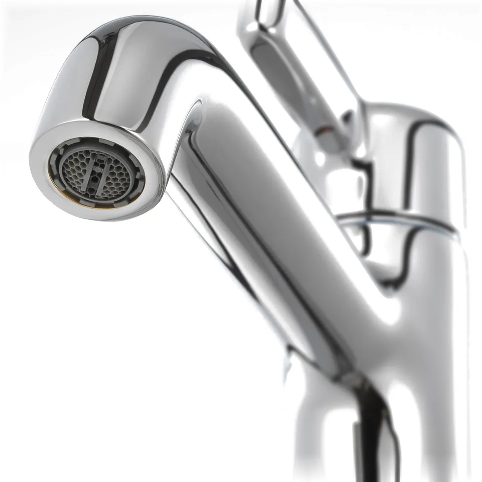 A close-up of a chrome-plated brass tap head, shiny and well-crafted, focusing on the aerator detail.