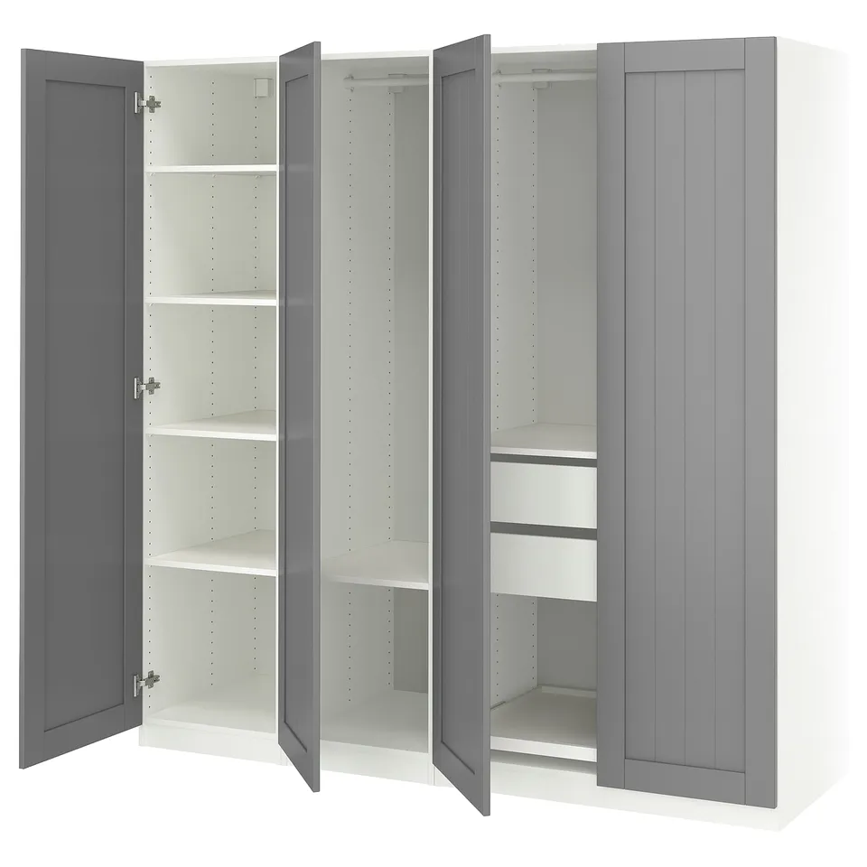An open grey PAX wardrobe, featuring adjustable shelves and drawers, with a sleek, modern design.
