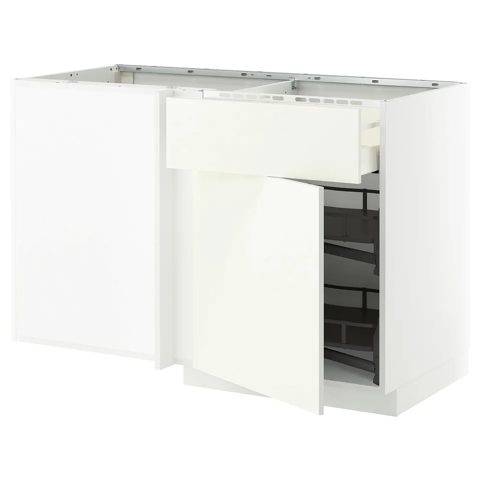 An ikea METOD kitchen unit in white with a pull-out organizer for pots and pans.
