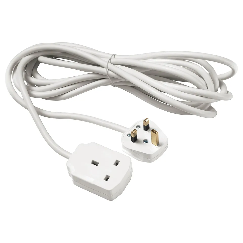 A KOPPLA white extension cord, 5 metres long, with pvc plastic material, featuring a typical british plug and socket design.