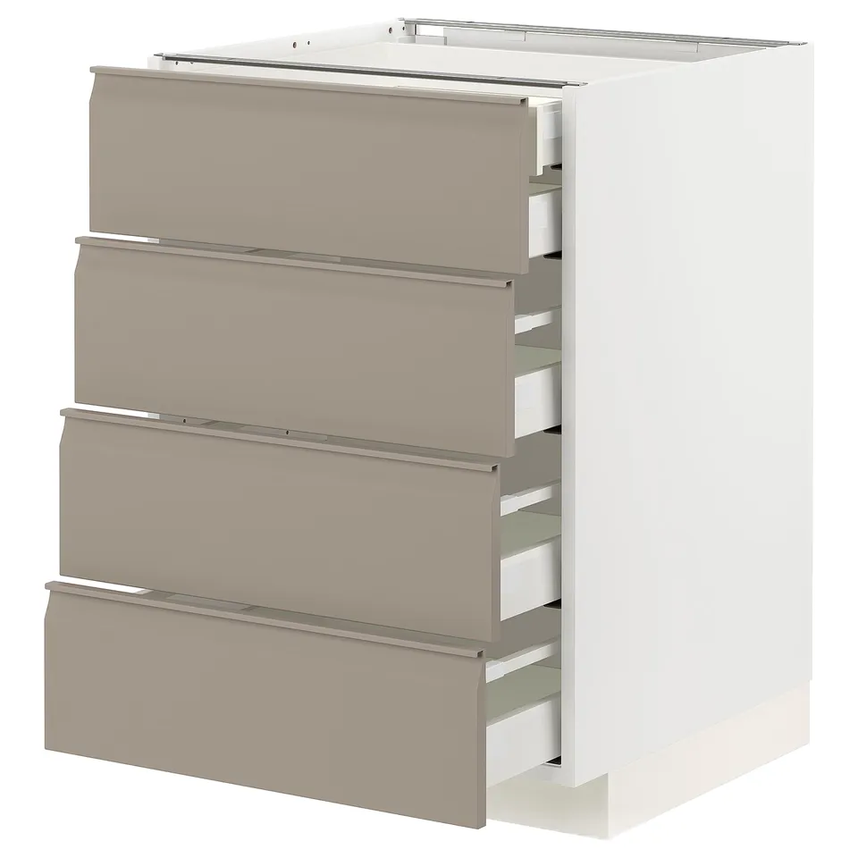 Modern kitchen unit, METOD, beige, 4 drawers, white frame, integrated handles, sleek, geometric design.