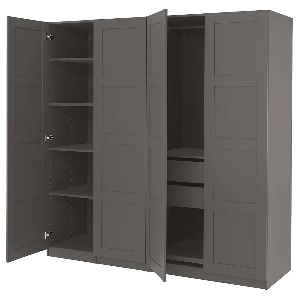 Black PAX wardrobe, open showcasing shelves, modern rectangular design.