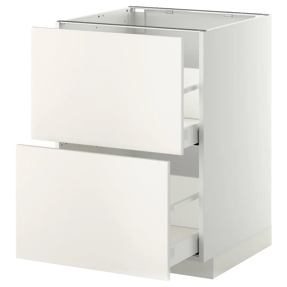 A white METOD kitchen unit with smooth, minimalist design featuring pull-out drawers.