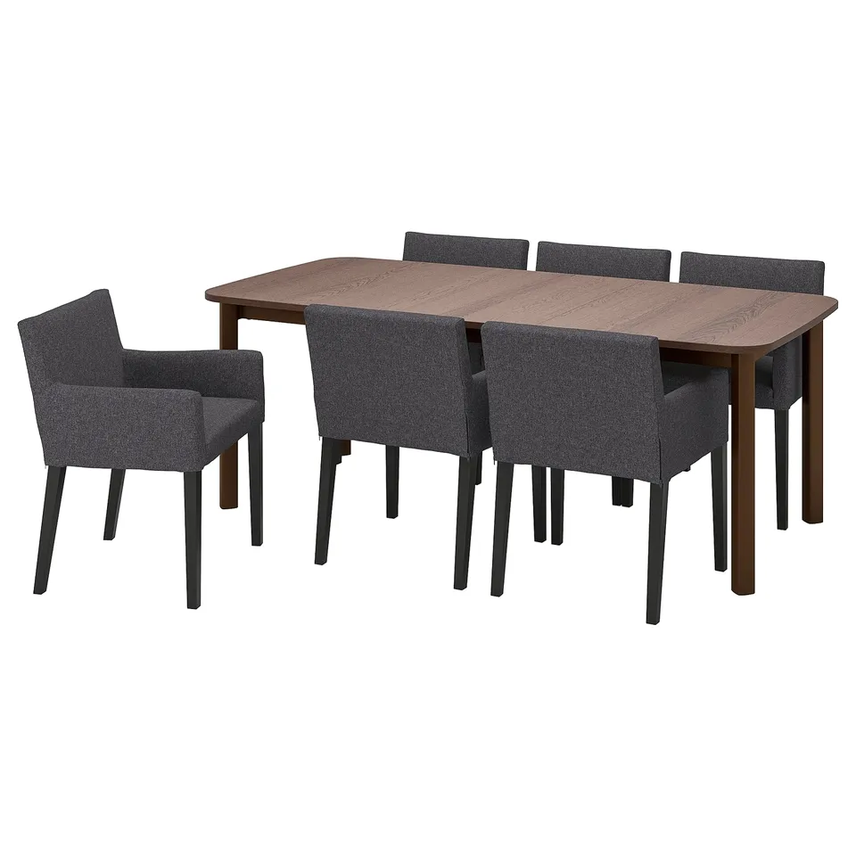 Modern dining set with brown table and grey upholstered chairs, extending to seat eight.