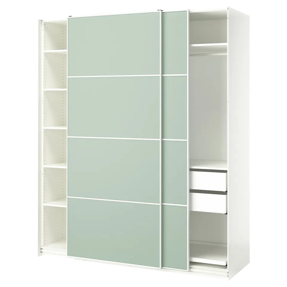 Ikea PAX wardrobe: tall white sliding closet, light green doors, modern minimalist design.