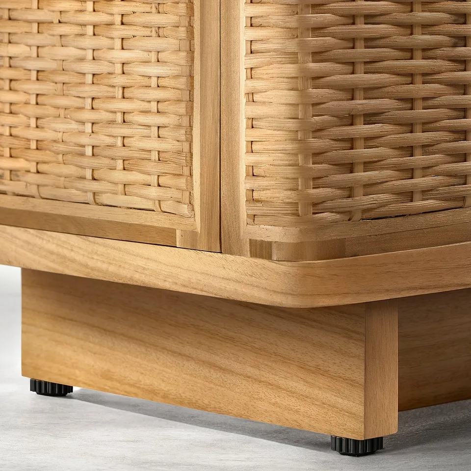 Woven natural wood tv bench with adjustable feet. Detailed craftsmanship and sturdy construction.