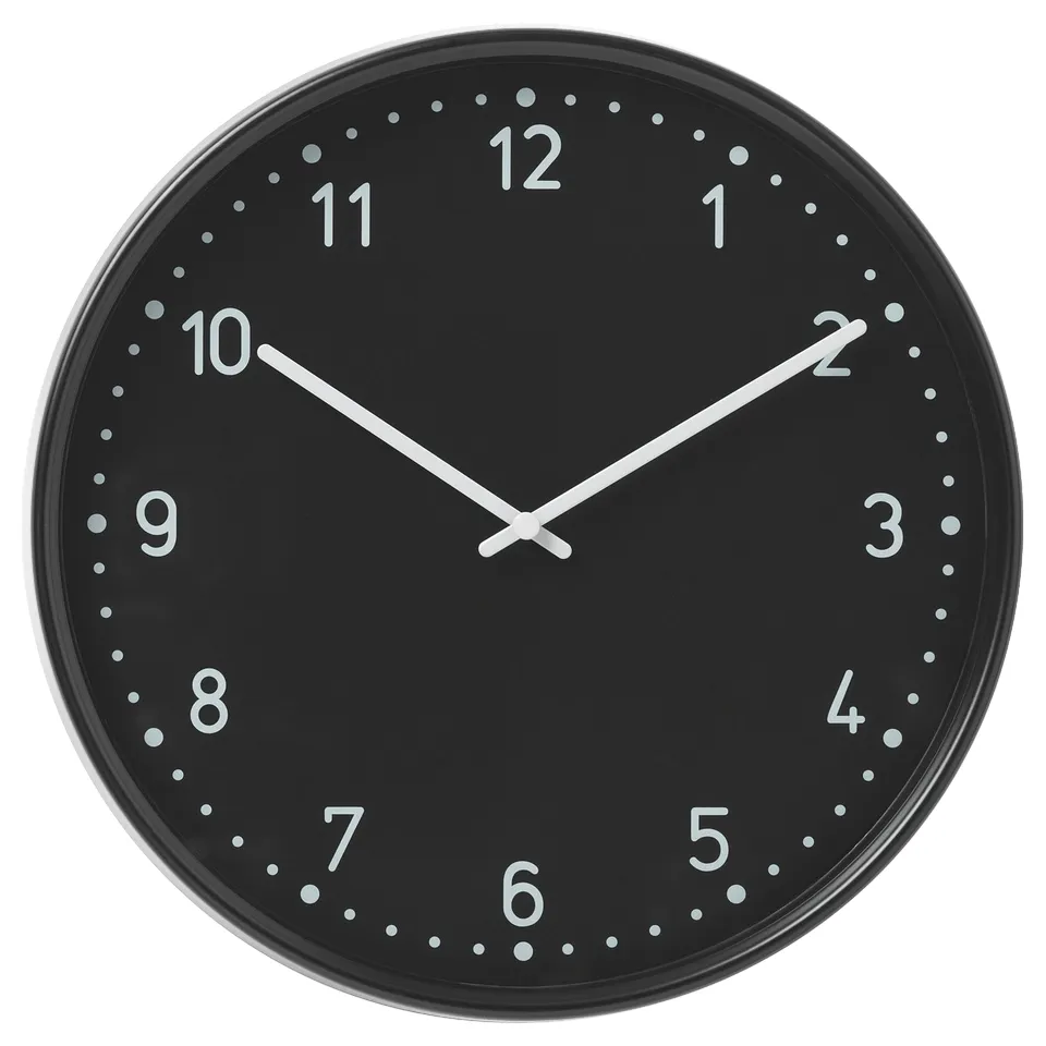 A silent round black BONDIS wall clock with white numbers and hands.