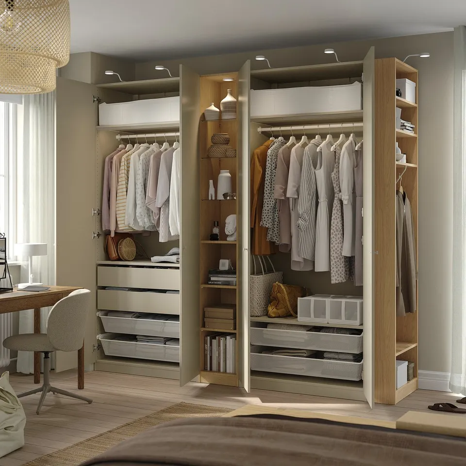 PAX / FORSAND Wardrobe combination, grey-beige grey-beige/oak effect, 255x60x236 cm