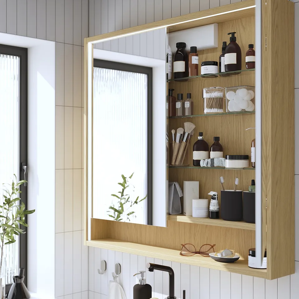 part: FAXÄLVEN mirror cabinet w built-in lighting
