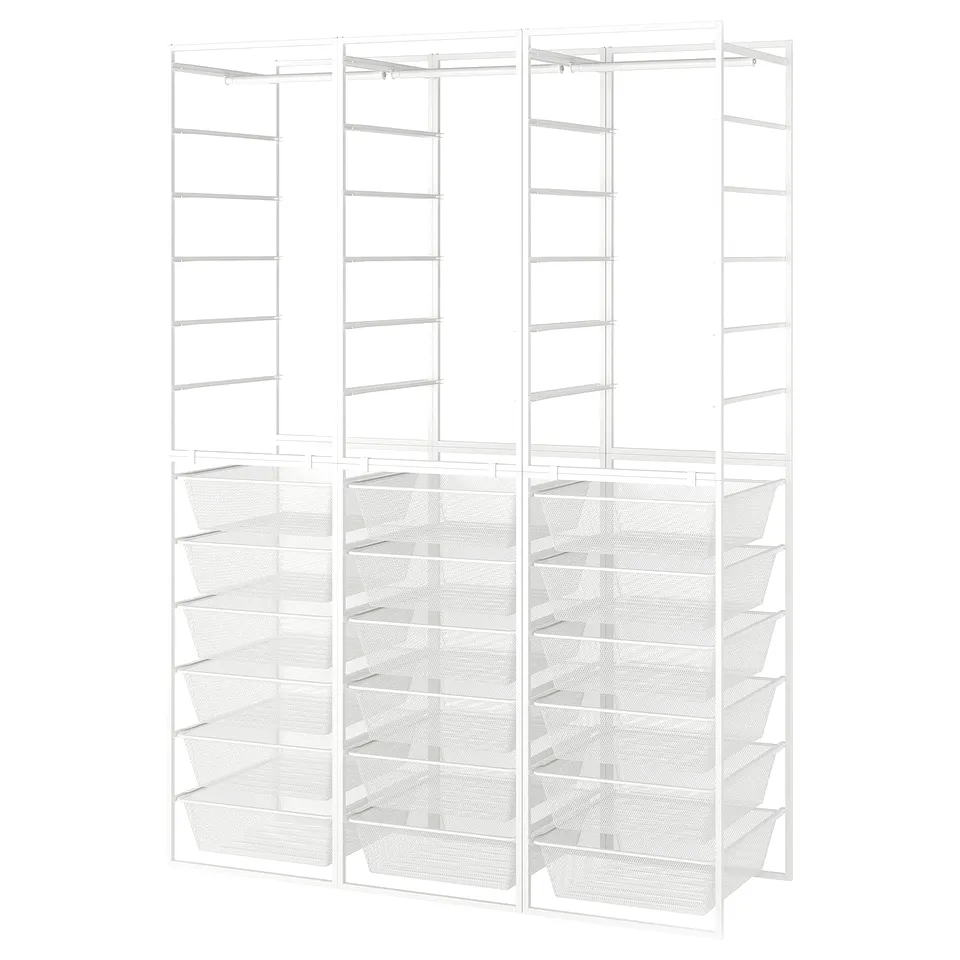 White JONAXEL metal storage system with mesh baskets for organised storage.