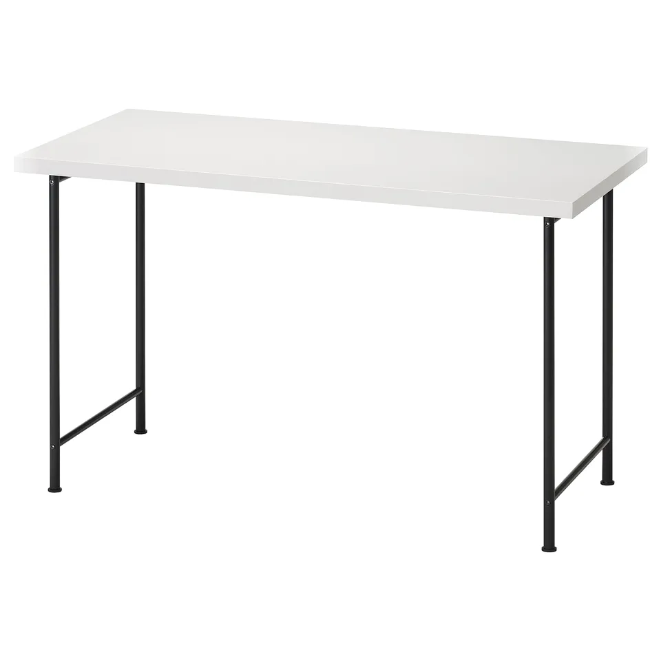 LAGKAPTEN desk: white top, black metal legs. Rectangular, modern design.
