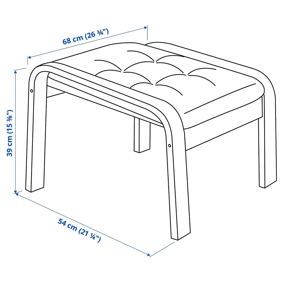 Illustration with measurements for the product: POÄNG.
