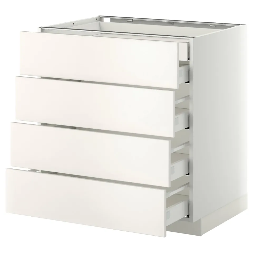 White METOD kitchen unit with four drawers and sleek design.