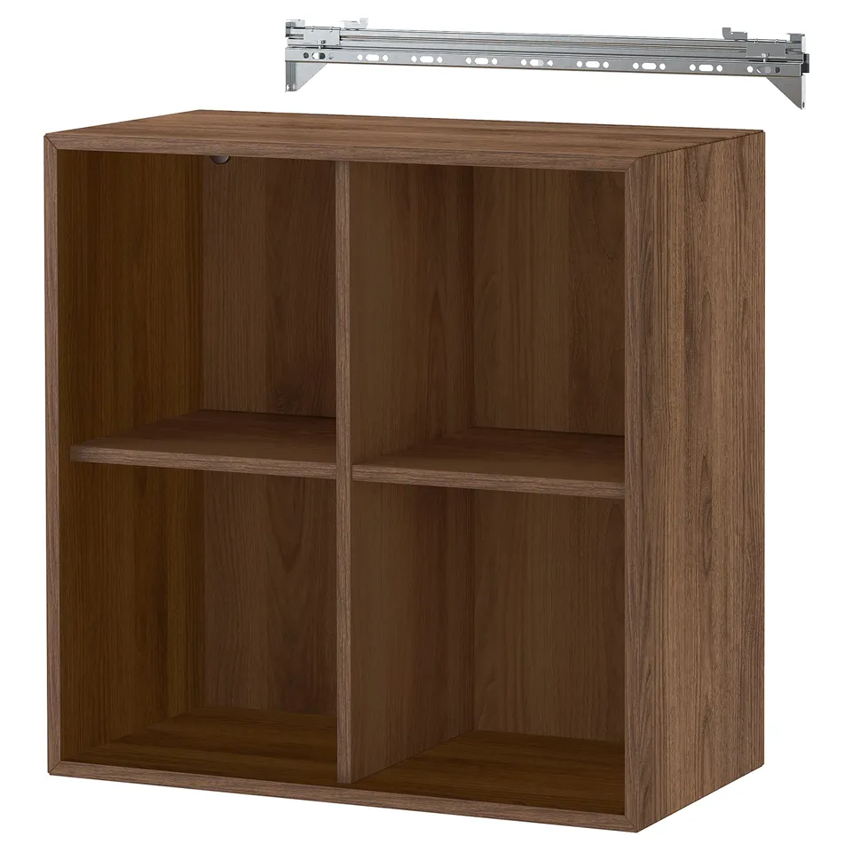Wooden brown EKET cabinet with 4 compartments, wall-mountable, simple square storage.