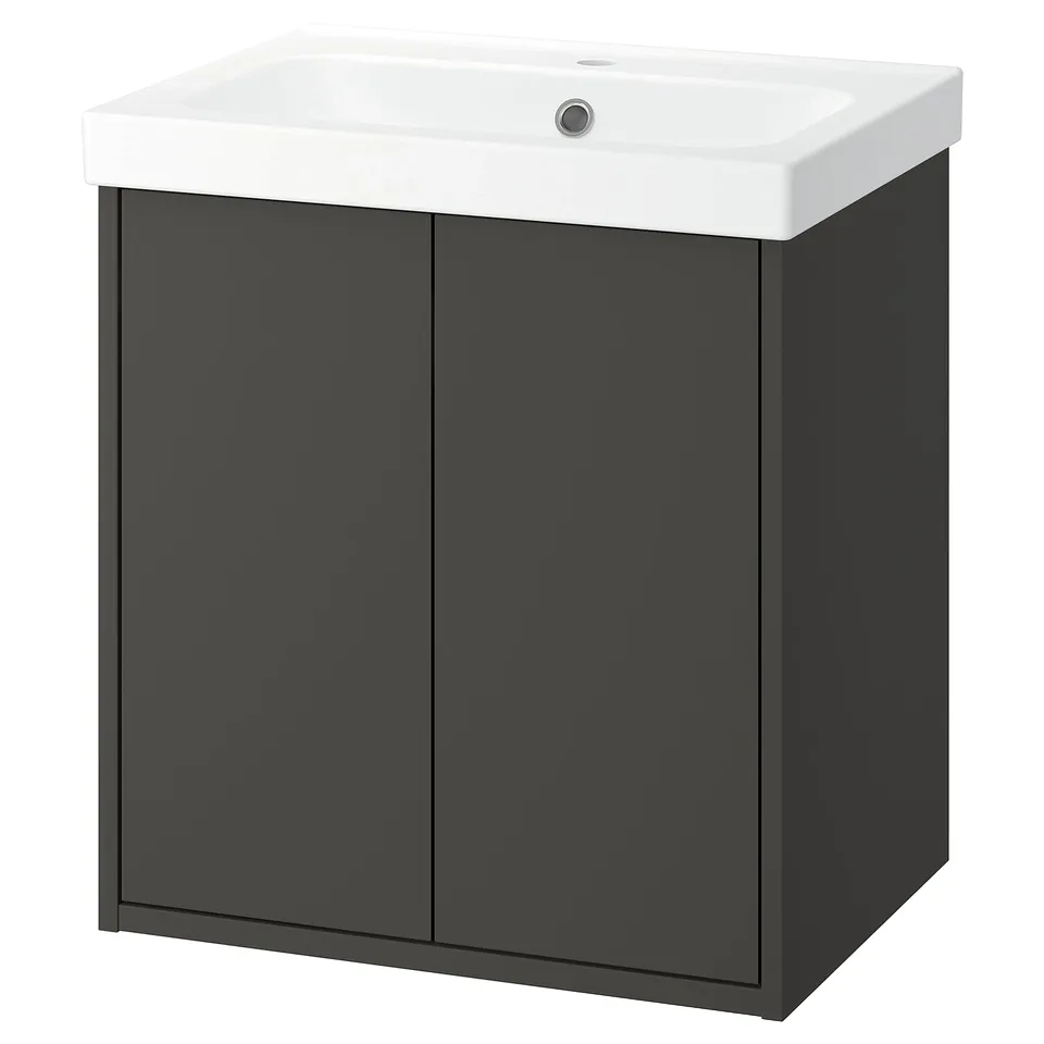 A modern black bathroom vanity with a white sink, sleek design and two doors.