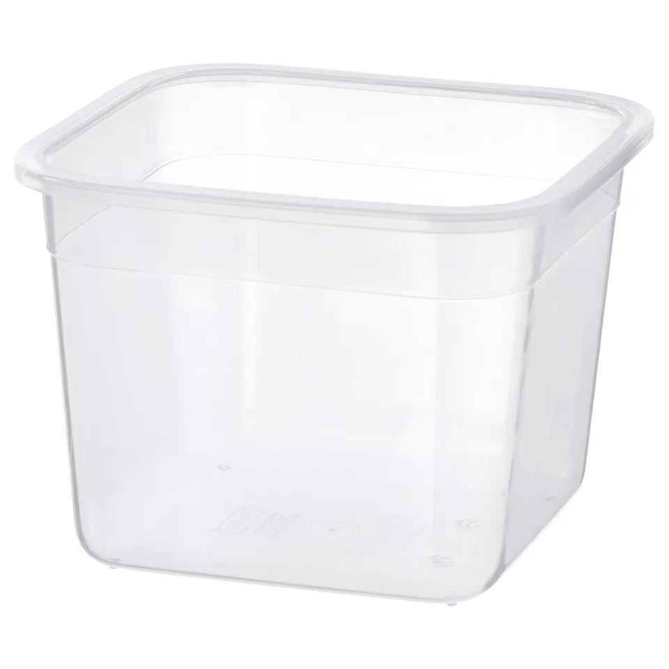 Clear square plastic food container by IKEA 365+. Made of durable polypropylene, perfect for storing leftovers.