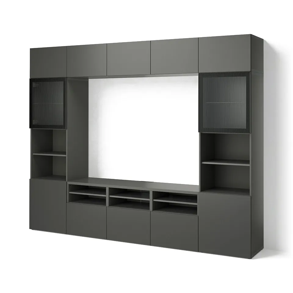 BESTÅ TV storage combination/glass doors, dark grey Lappviken/Fällsvik anthracite, 300x42x231 cm