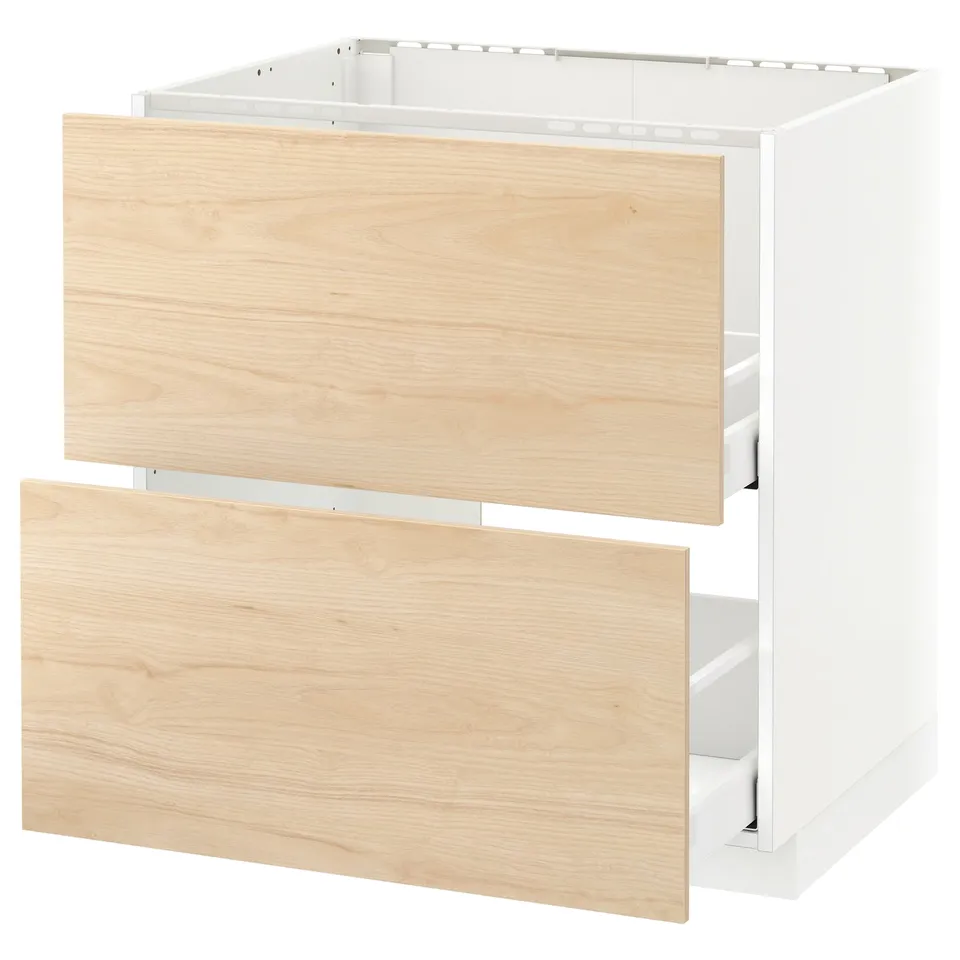 Displays a light wooden and white kitchen cabinet set with drawers.