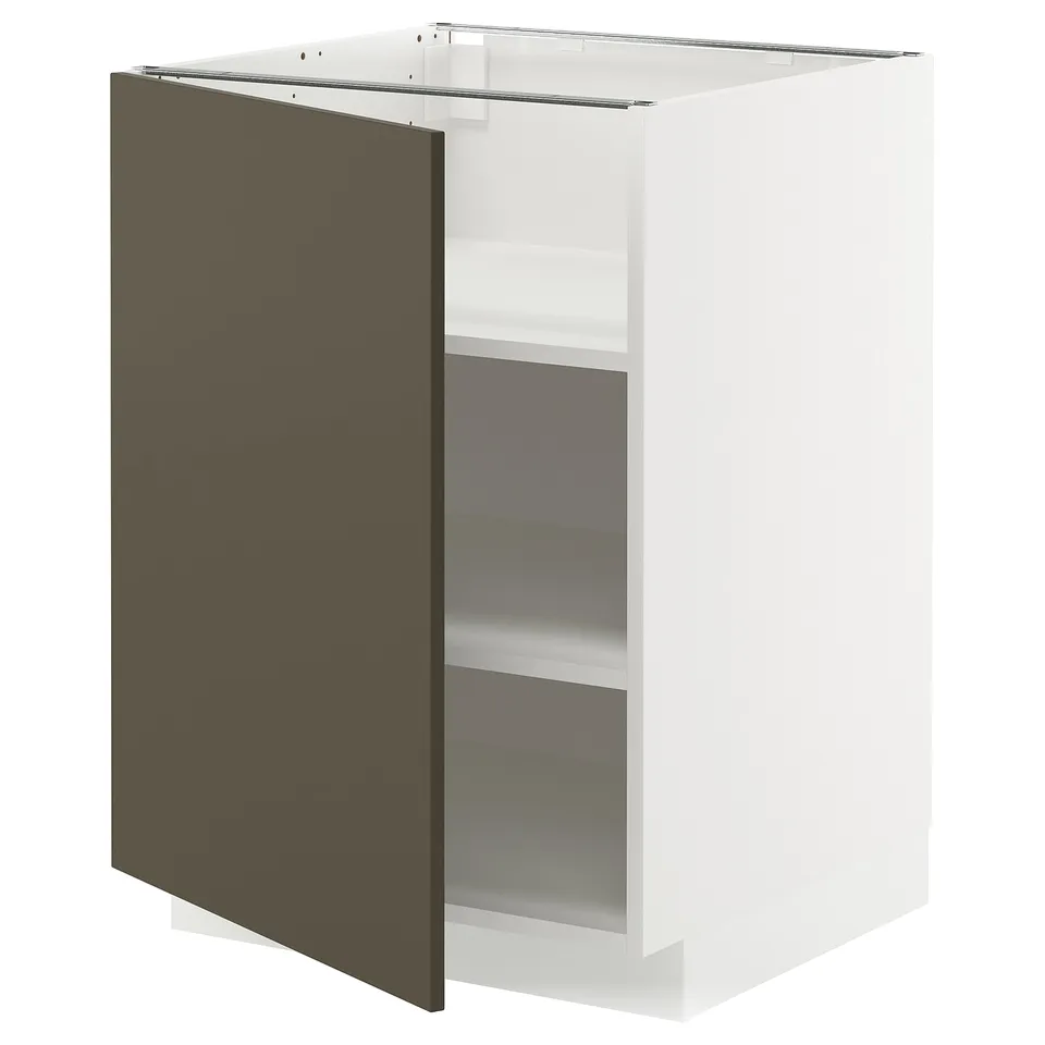 Modern kitchen cabinet, white & brown, adjustable shelves.