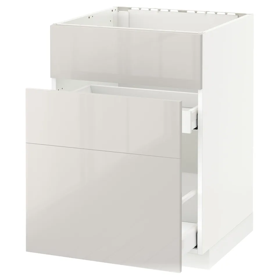 White METOD kitchen cabinet with glossy drawer and high gloss finish.