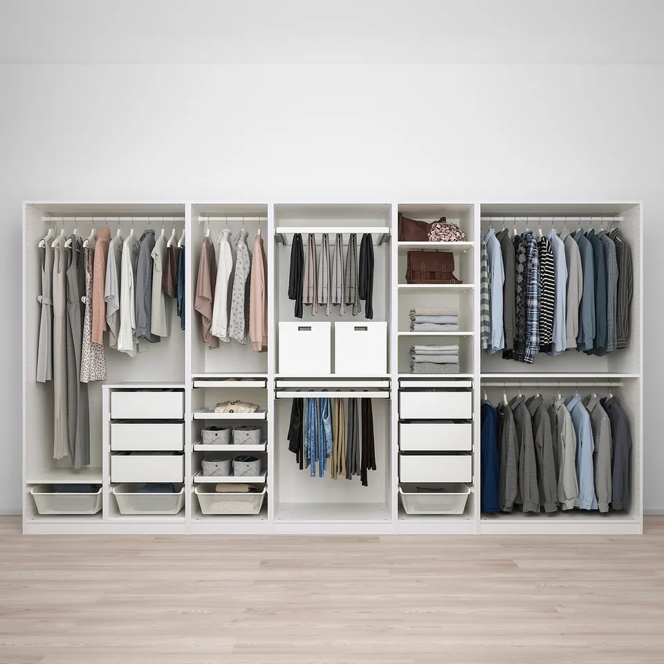 PAX wardrobe with shelves, drawers, lighting. Adjustable & organised.