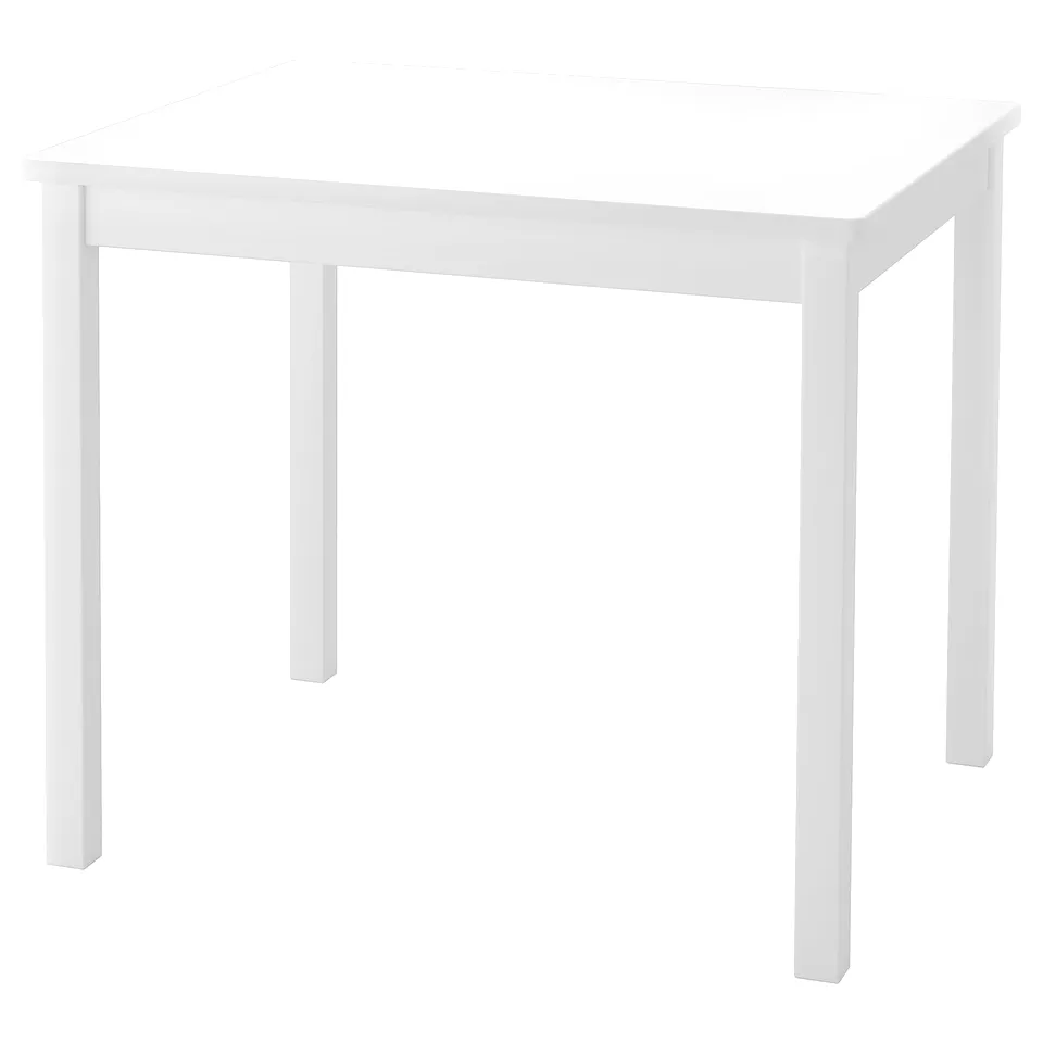 A white square kids table. Simple design with four legs, made of fiberboard and rubberwood. Perfect for crafts and games.
