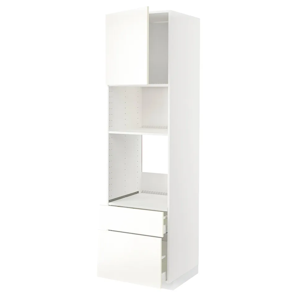 White METOD kitchen cabinet with shelves and drawers.